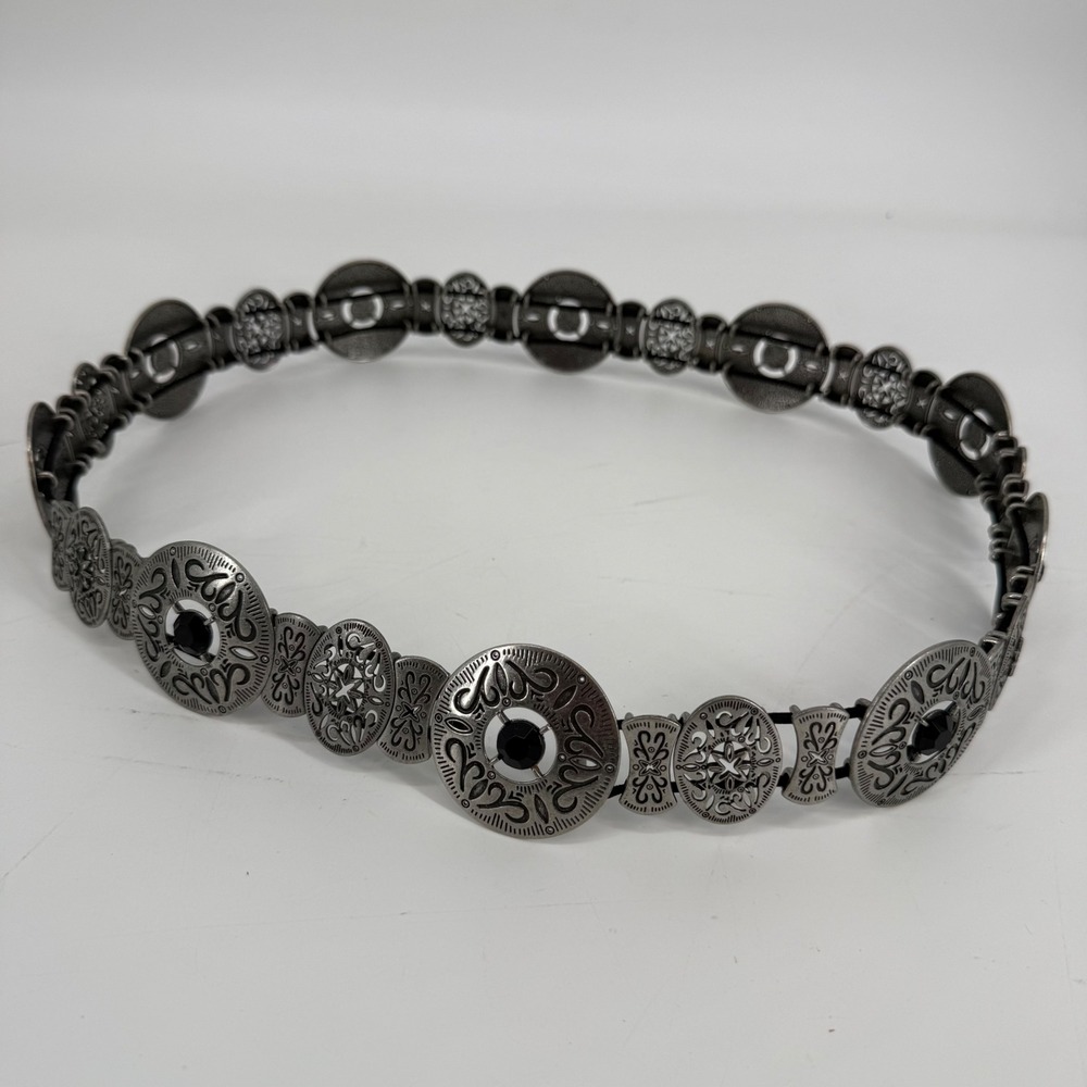 Vintage Y2K Silver Tone Concho Belt Black Rhinestone Boho Western Festival 37" - Picture 4 of 9